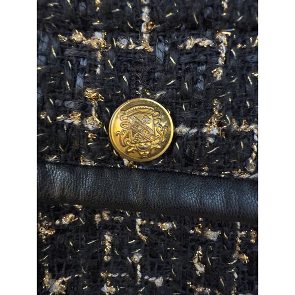 Nanette Lepore Black Gold Tweed Jacket Faux Leather Trim Buttons Sz 8 Career - Picture 7 of 11